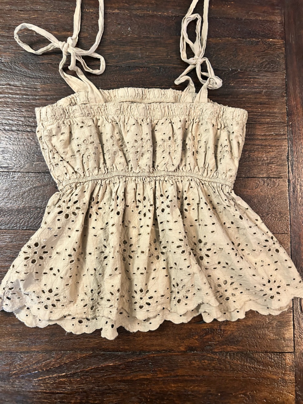 American Eagle Outfitters Cotton Light Brown Eyelet Tie-Strap Peplum Top - Picture 8 of 9